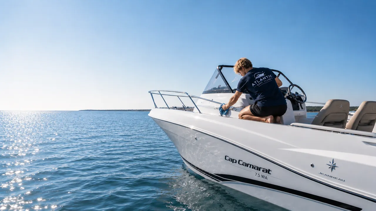 Nettoyage d'un bateau Jeanneau sur une eau bleue, Atlantic Boat Clean